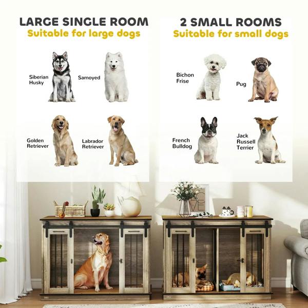 Two-section oak-tone dog crate furniture with sliding doors for small and large dogs.