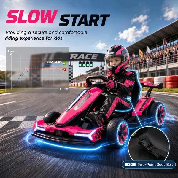 24V Electric Go Kart for Kids 6-12 Years with Drift Mode, Adjustable Seat, 3 Speed, Slow Start, Pink