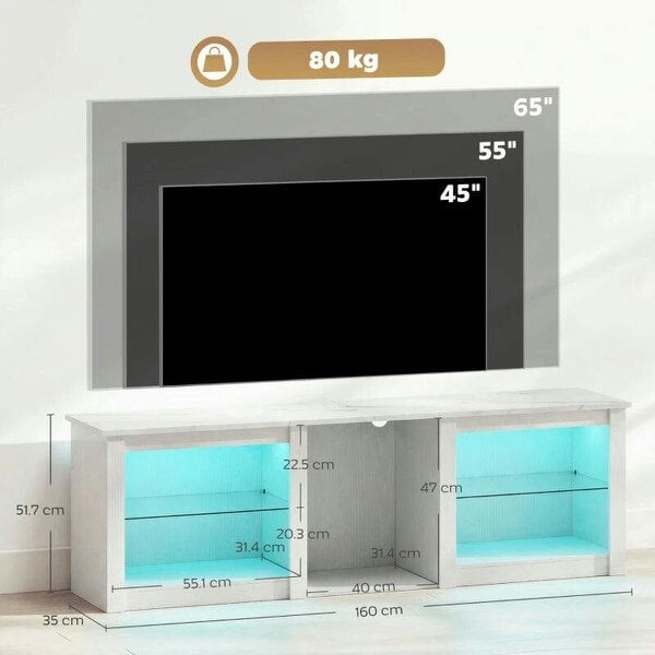 70in TV Stand, with LED Lights and Storage - White