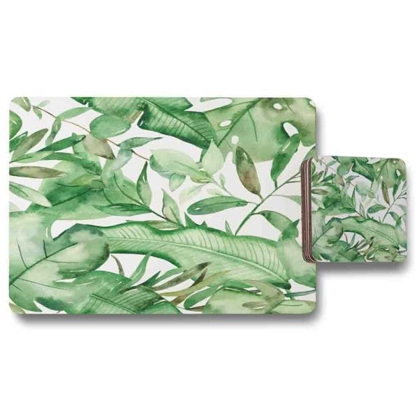 Benjamin Tate Design Watercolour Green Tropical Leaves Placemat & Coaster Set