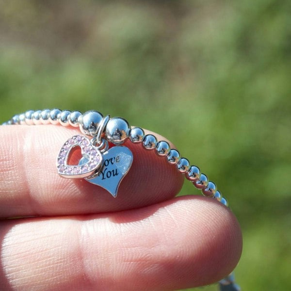 Crystal Double Heart on Silver Ball Bead Bracelet - MYLEE London