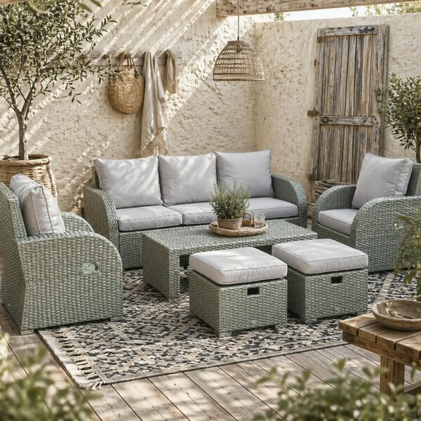 Wyld Haus Tanette Rattan Grey 7 Seater Outdoor Sofa Set With Reclining 2 Armchairs And 2 Stools