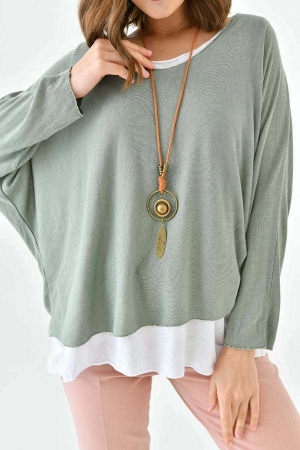 Hoxton Gal Oversized Long Sleeve Layered Blouse With Necklace in Green and White