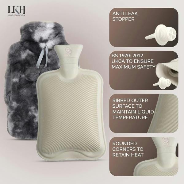 LKH HOME COLLECTION Hot Water Bottle with Cover UK 2L With Faux Fur & Pockets for Period Pain Relief Leak Resistant BPA Free Hot Bottle