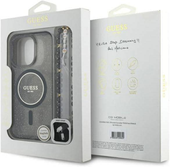 Guess IML Glitter With Pearl Strap MagSafe Case for iPhone 16 Pro Max 6.9" Black - GUHMP16XHGCRELSK
