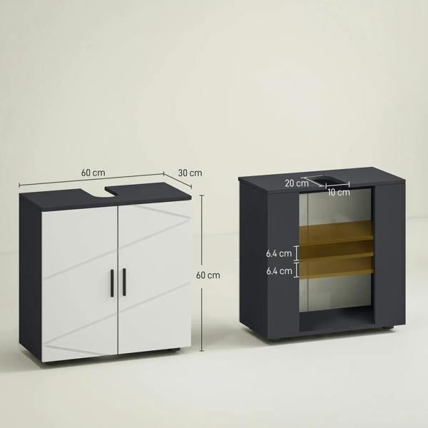 Light grey under-sink cabinet with dark top and side-opening shelf compartment