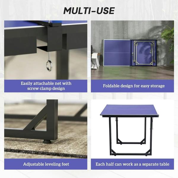 Table tennis table with net, adjustable leveling feet, and foldable storage frame