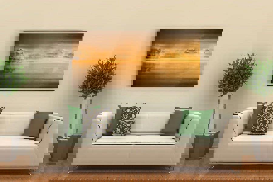 misty sunrise over lake printed on canvas