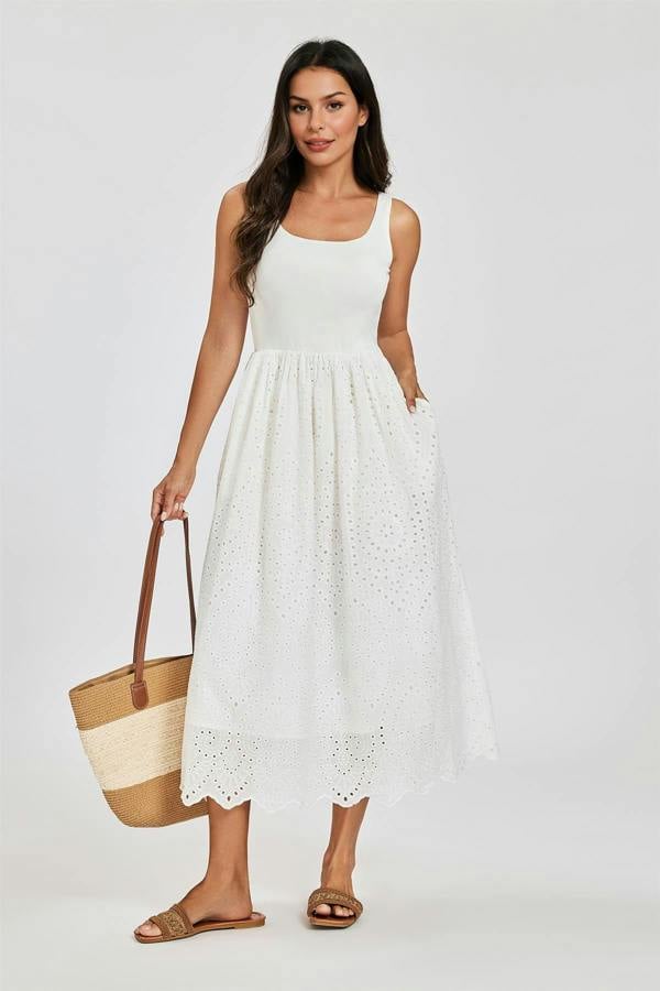 FS Collection Sleeveless Jersey Top Broderie Midi Dress In White