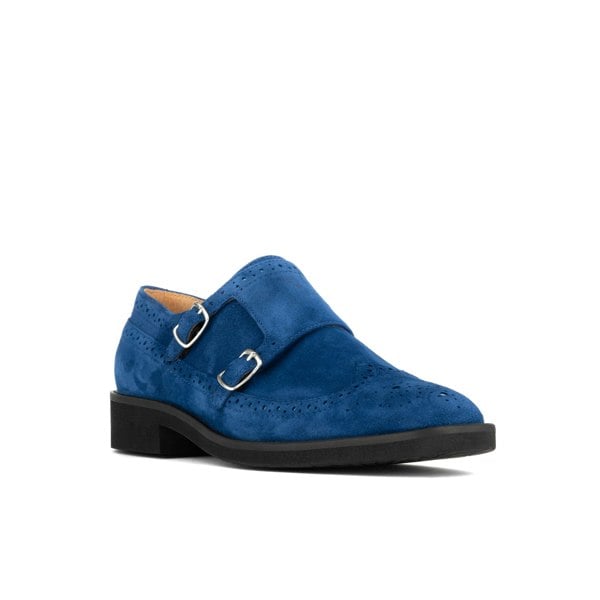 Embassy London Windsor - Blue - Women's blue suede leather monk shoe with brogue detailing