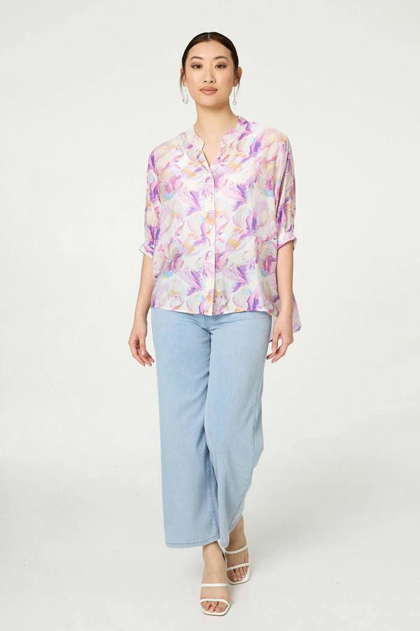 Pink | Abstract Curve Hem 3/4 Sleeve Blouse