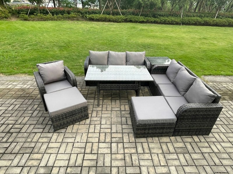 Fimous 9 Seater Dark Grey Mixed Rattan Outdoor Dining Set - Oblong/Rectangular Table, 3-Seater Sofa, 2 Footstools & Side Table