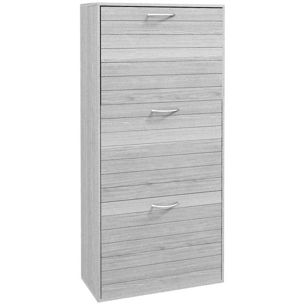 Grey wood-effect shoe cabinet with six flip drawers and curved metal handles