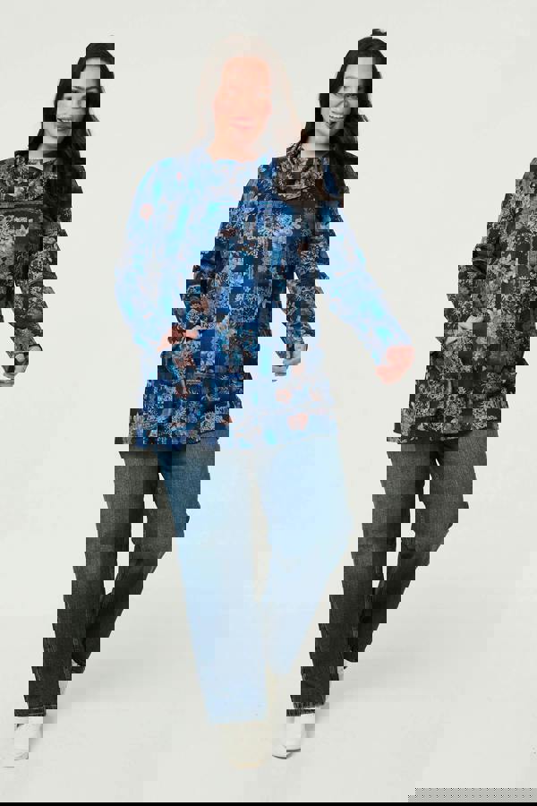 Blue | Curve Printed Cowl Neck Long Sleeve Tunic Top