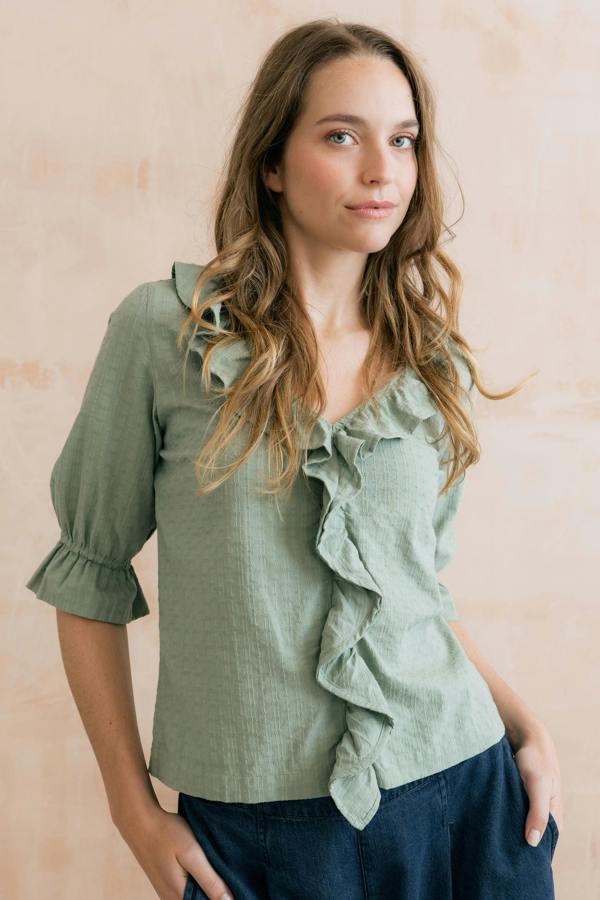 Lily & Me May Embroidered Cotton Frill Blouse Silver Sage