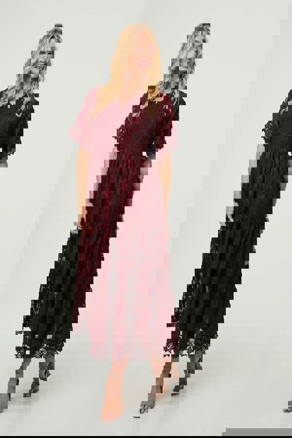 Red | Floral Lace Frill 1/2 Sleeve Midi Dress
