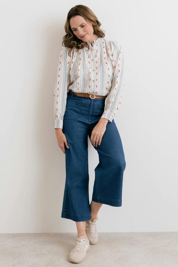 Lily & Me Flora Embroidered Stripe Blouse Ecru