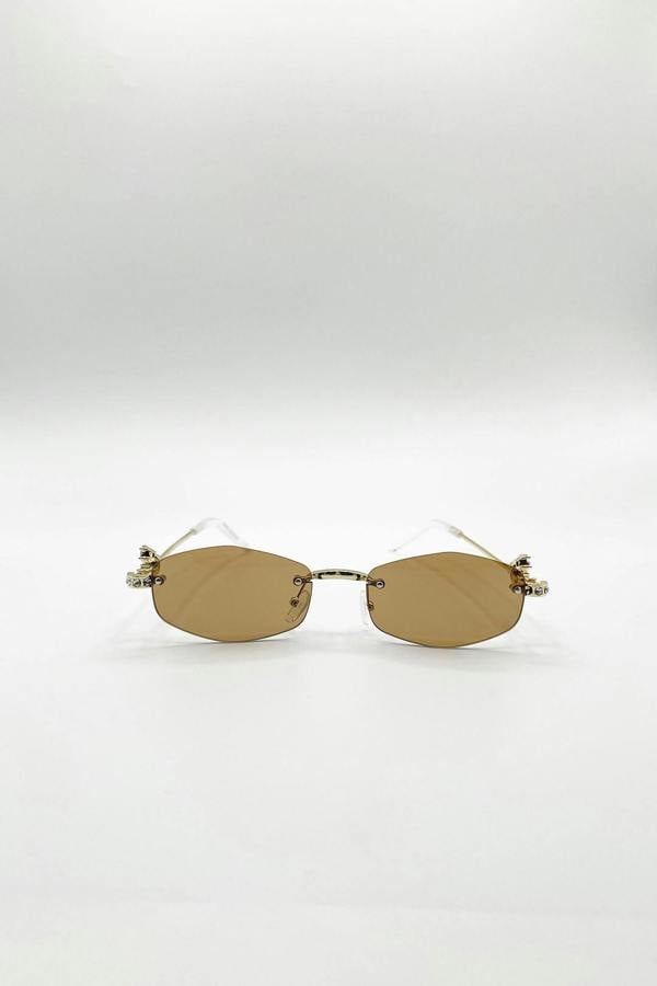 SVNX Rimless Oval Diamante Sunglasses In Brown