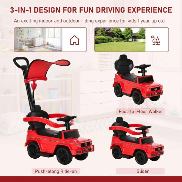 Red kids ride-on push car with steering wheel, gray seat and sunshade