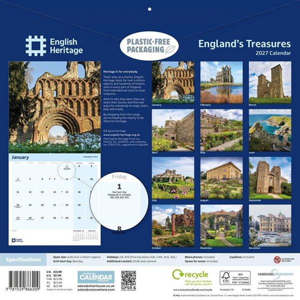 English Heritage, England's Treasures Calendar 2027, Wall Calendars, Month To View, History & Literature, Gift