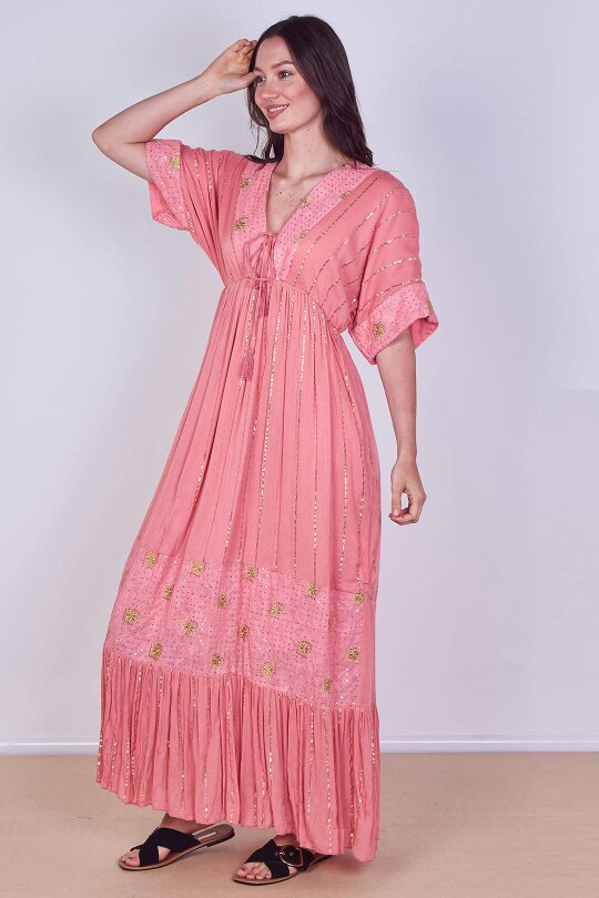 Boho Sequin Square Embroidered Maxi Dress