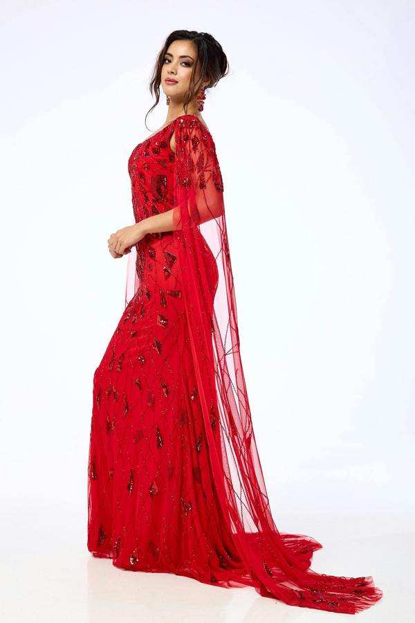 LuvForever Azara - Red Draped Sleeve Sequin Maxi Dress