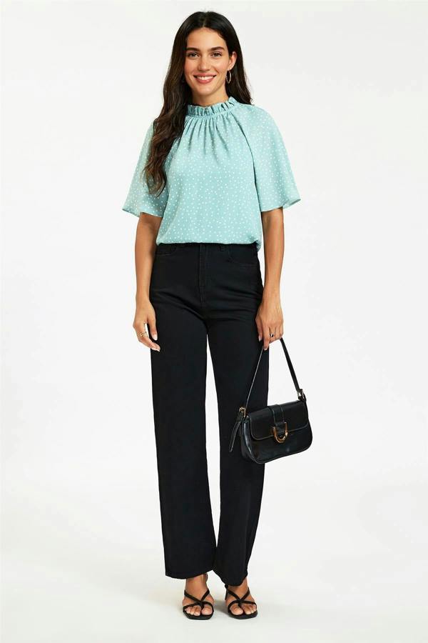 FS Collection Dot Print Short Sleeve Frill High Neck Top In Blue