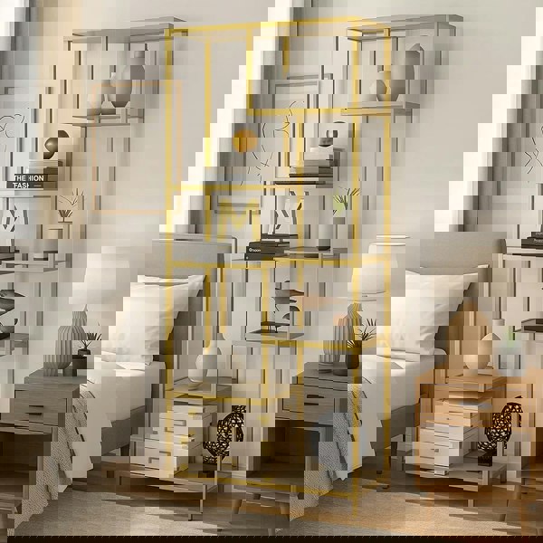 Metallic gold 6-tier tempered glass bookshelf with modern open shelving for books, plants, and decor

