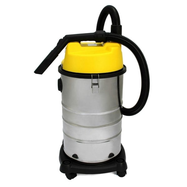 MAXBLAST 30L Industrial Vacuum Cleaner with a shiny stainless steel body, yellow top, flexible hose, and sturdy black wheels