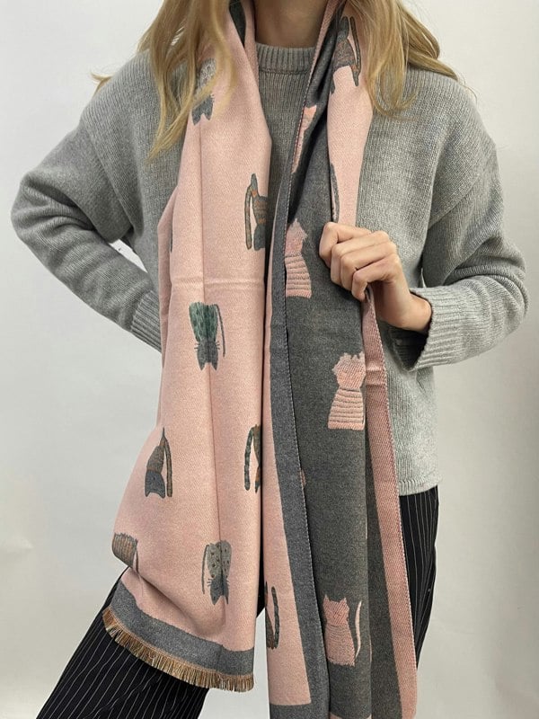 SVNX Cat Printed Scarf in Pink & Grey - Wool Blend