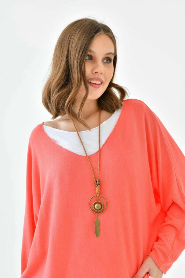 Hoxton Gal Oversized Long Sleeve Layered Blouse With Necklace in Coral and White