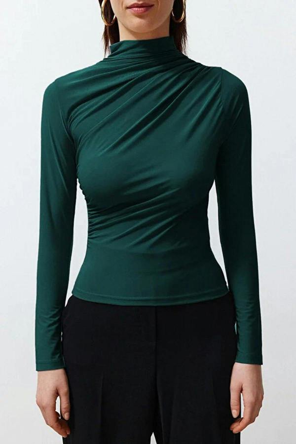 WOVCOR Draped High Neck Long Sleeve Blouse
