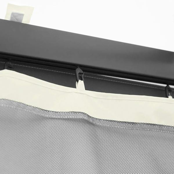 White mesh sidewall netting top edge with attachment clips on black support bar