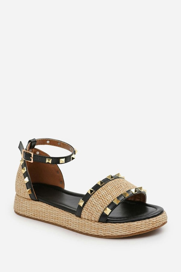 Where's That From Aviva Wide Fit Studded Gladiator Braided Strap Espadrille Flatform  in Black Faux Leather