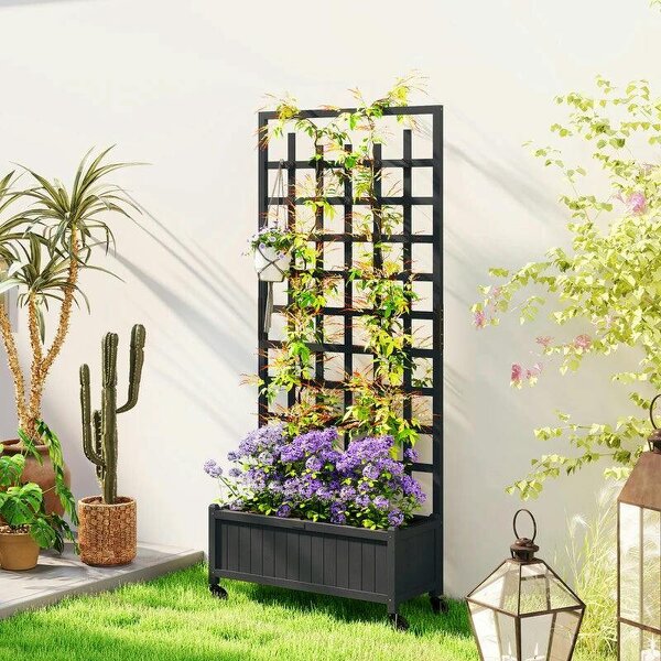 Wooden Trellis Planter, Raised Garden Bed with Wheels, to Climb and Grow Vegetables, Herbs and Flowers, Grey