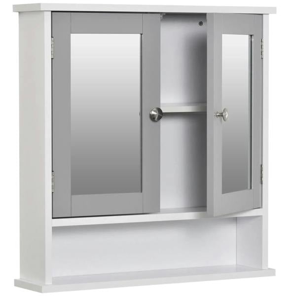 Bathroom wall storage cabinet with one door open, showing grey interior shelves