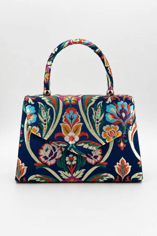SVNX Floral Satin Embroidered Top Handle Bag in Navy