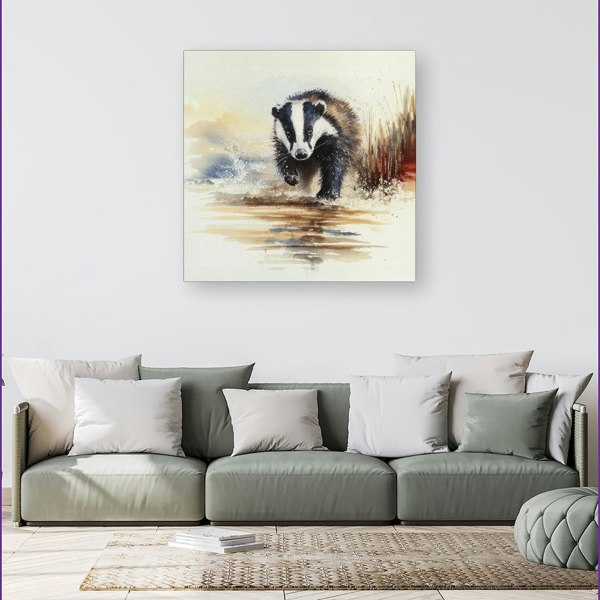 Warren Reed Wading Badger Watercolour Canvas