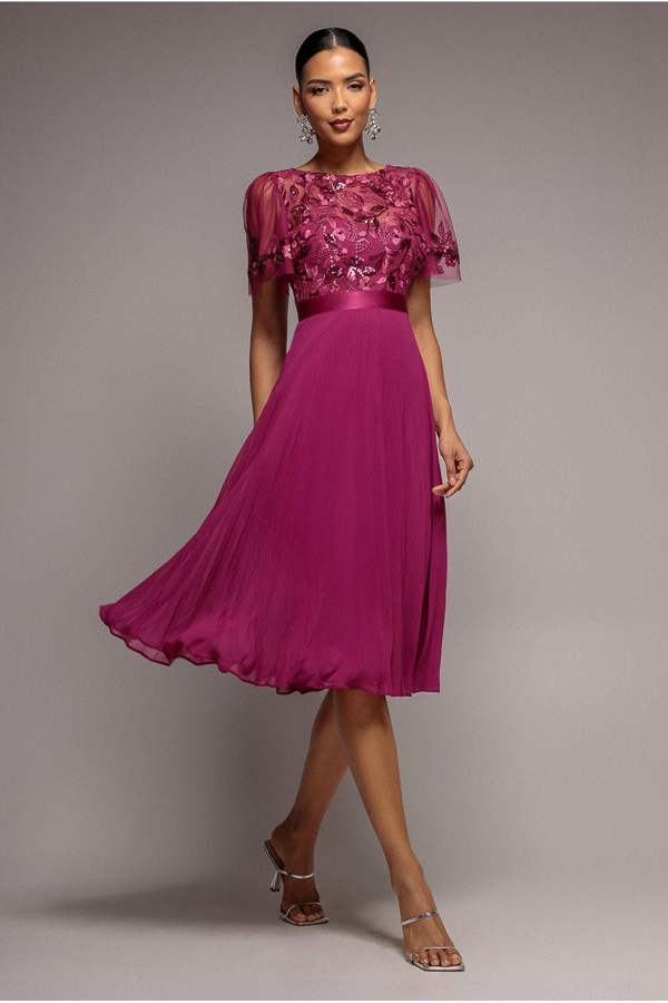 Embroidered Top Chiffon Pleated Midi - Magenta DR3802