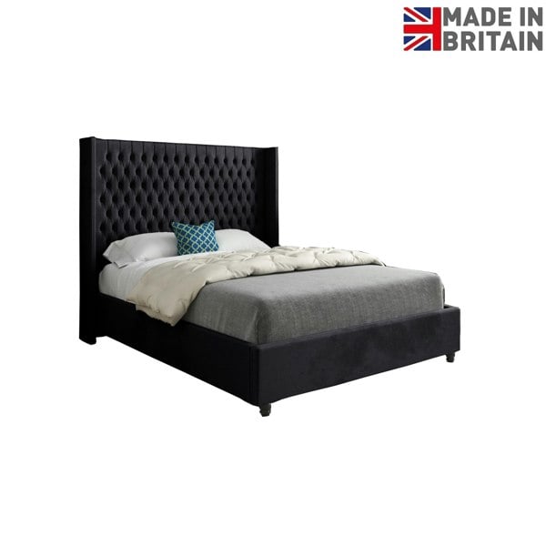 Casa Magna Volta Straight Winged Upholstered Soft Velvet Bed Frame - Black