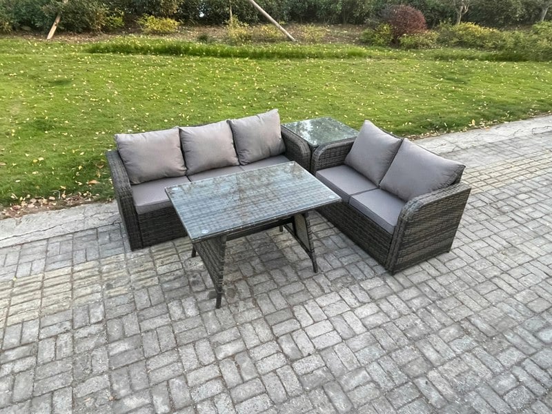 Fimous High Back PE Rattan Sofa Set Outdoor Garden Furniture Dining Table Set Love Sofa 3 Seater Sofa Side Table