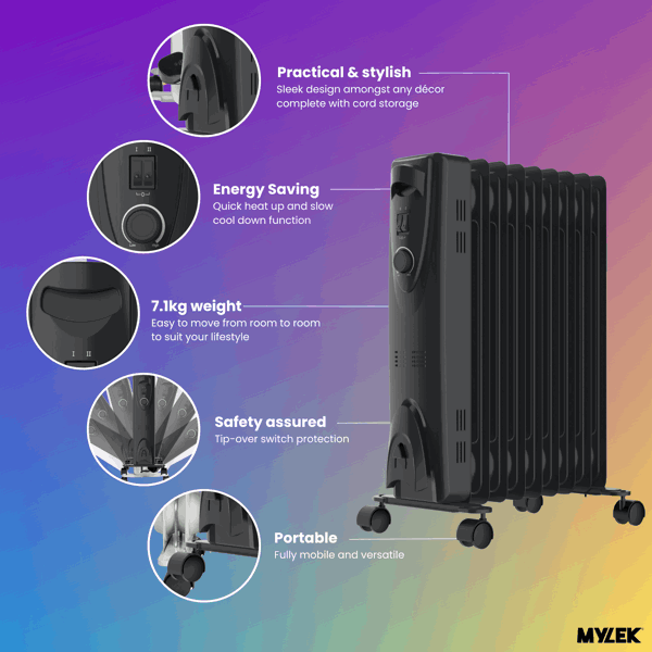MYLEK Oil Filled Radiator 2000W Portable Heater Thermostat 3 Heat Settings Grey