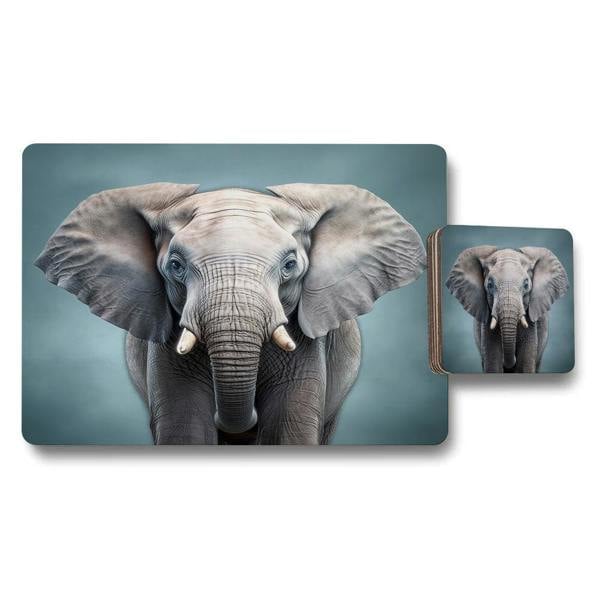 Benjamin Tate Design Elephant Art Placemat And Coaster Set With Wooden Base From Fine Art Print Collection Limited Edition
