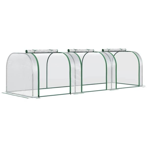 Clear PVC tunnel greenhouse with green steel frame, arched roof and end panels