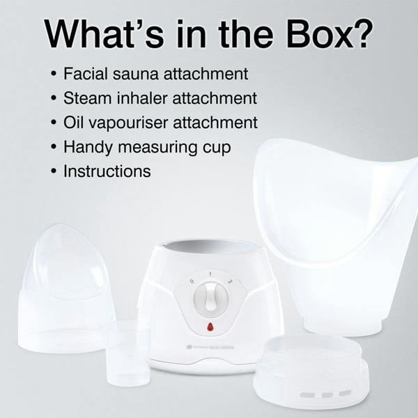 The Rio Facial Sauna Skincare with Steam Inhaler includes a facial sauna mask, steam inhaler, oil vaporizer, measuring cup, and instructions—shown on a light background with contents listed above. Ideal for versatile at-home skincare.