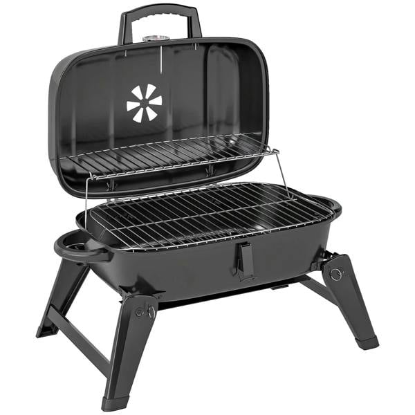 Black folding charcoal BBQ grill with open lid, cooking grates, and thermometer