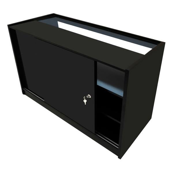 Gravity LED Shop Counter Set in black, featuring a sleek design, sliding door, and open shelving for display and storage