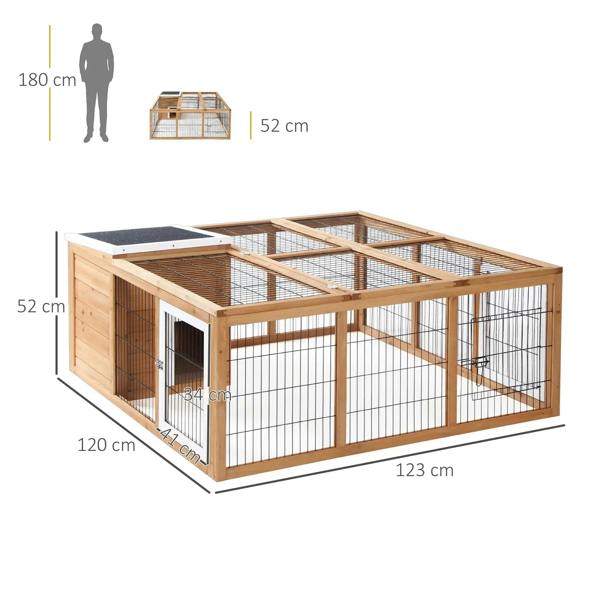 Wooden rabbit hutch run cage with wire mesh sides and black asphalt roof panel