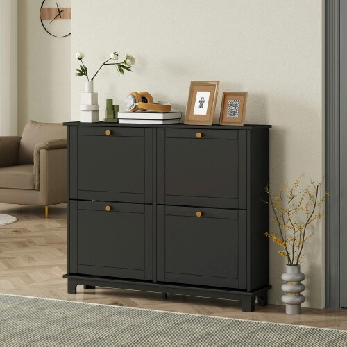 Wyld Haus Serodo Wooden Black Slim Shoe Cupboard With 4 Flip Drawer For 16 Pairs