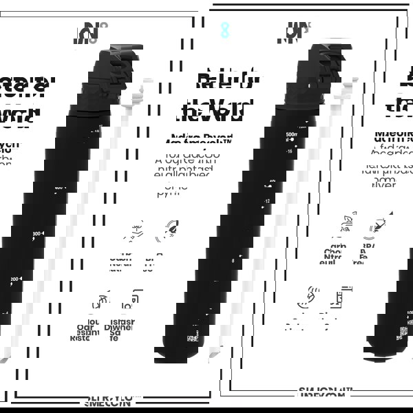 A black water bottle, sits on a white background, alongside a white straw. It's made from a plant-based polymer, is BPA free, dishwasher safe, and carbon neutral.